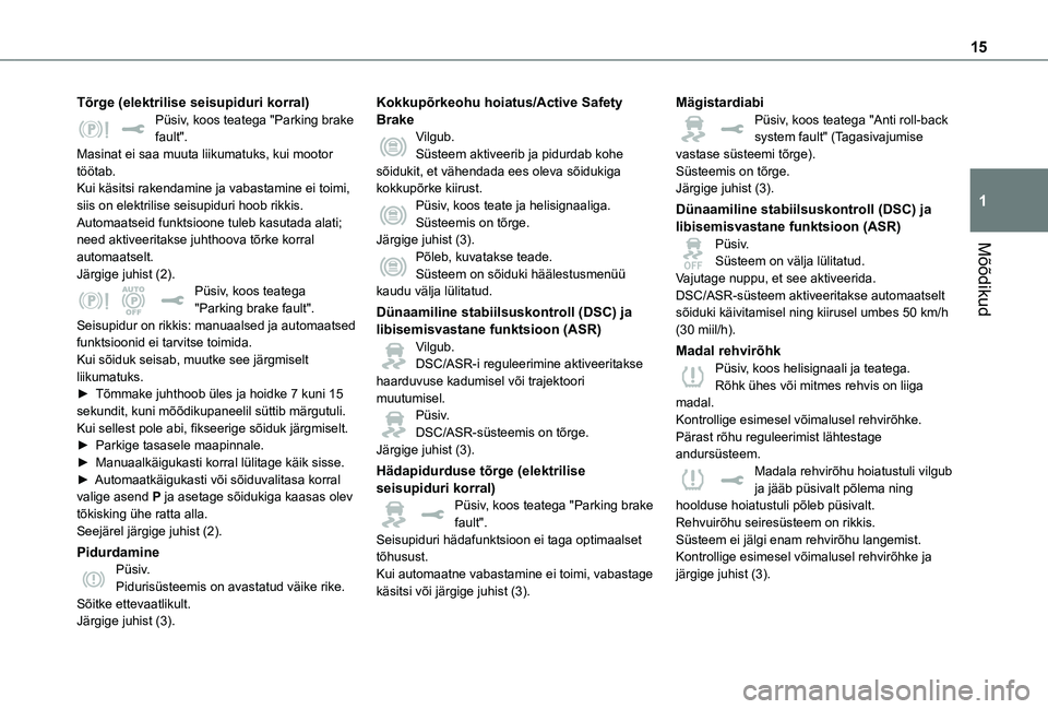TOYOTA PROACE 2021  Kasutusjuhend (in Estonian) 15
Mõõdikud
1
Tõrge (elektrilise seisupiduri korral)Püsiv, koos teatega "Parking brake fault".Masinat ei saa muuta liikumatuks, kui mootor töötab.Kui käsitsi rakendamine ja vabastamine 