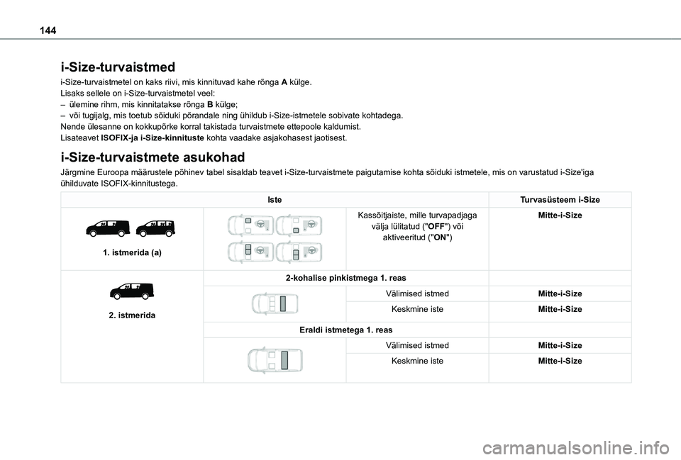 TOYOTA PROACE 2021  Kasutusjuhend (in Estonian) 144
i-Size-turvaistmed
i-Size-turvaistmetel on kaks riivi, mis kinnituvad kahe rõnga A külge.Lisaks sellele on i-Size-turvaistmetel veel:– ülemine rihm, mis kinnitatakse rõnga B külge;– või 