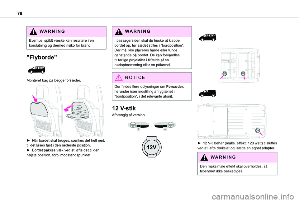 TOYOTA PROACE 2021  Brugsanvisning (in Danish) 78
WARNI NG
Eventuel spildt væske kan resultere i en korslutning og dermed risiko for brand.
"Flyborde" 
 
Monteret bag på begge forsæder. 
 
► Når bordet skal bruges, sænkes det helt n