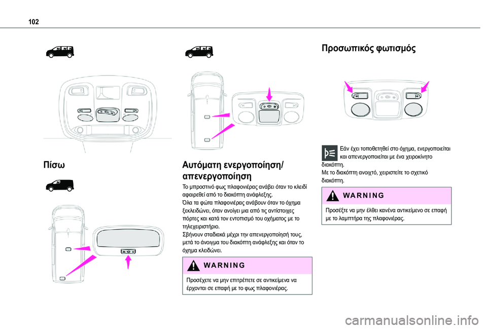 TOYOTA PROACE 2021  ΟΔΗΓΌΣ ΧΡΉΣΗΣ (in Greek) 102
  
 
Πίσω 
  
  
  
 
Αυτόματη ενεργοποίηση/
απενεργοποίηση
Το μπροστινό φως πλαφονιέρας ανάβει όταν το κλειδί αφ