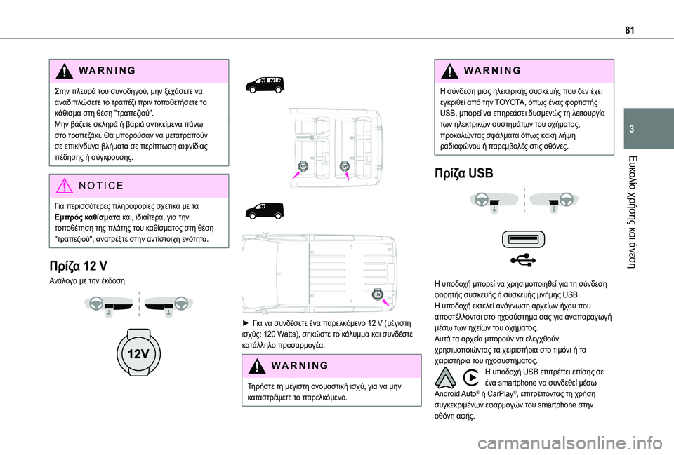 TOYOTA PROACE 2021 ΟΔΗΓΌΣ ΧΡΉΣΗΣ (in Greek) 81
Ευκολία χρήσης και άνεση
3
WARNI NG
Στην πλευρά του συνοδηγού, μην ξεχάσετε να αναδιπλώσετε το τραπέζι πριν τοπο TOYOTA PROACE 2021 ΟΔΗΓΌΣ ΧΡΉΣΗΣ (in Greek) 81
Ευκολία χρήσης και άνεση
3
WARNI NG
Στην πλευρά του συνοδηγού, μην ξεχάσετε να αναδιπλώσετε το τραπέζι πριν τοπο