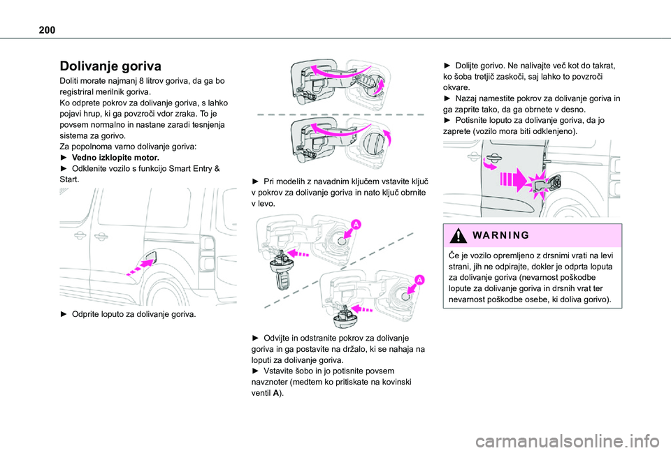 TOYOTA PROACE 2021  Navodila Za Uporabo (in Slovenian) 200
Dolivanje goriva
Doliti morate najmanj 8 litrov goriva, da ga bo registriral merilnik goriva.Ko odprete pokrov za dolivanje goriva, s lahko pojavi hrup, ki ga povzroči vdor zraka. To je povsem no