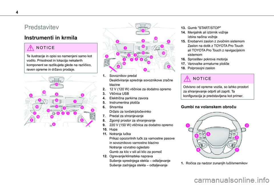 TOYOTA PROACE 2021 Navodila Za Uporabo (in Slovenian) 4
Predstavitev
Instrumenti in krmila
NOTIC E
Te ilustracije in opisi so namenjeni samo kot vodilo. Prisotnost in lokacija nekaterih komponent se razlikujeta glede na različico,
raven opreme in drža TOYOTA PROACE 2021 Navodila Za Uporabo (in Slovenian) 4
Predstavitev
Instrumenti in krmila
NOTIC E
Te ilustracije in opisi so namenjeni samo kot vodilo. Prisotnost in lokacija nekaterih komponent se razlikujeta glede na različico,
raven opreme in drža