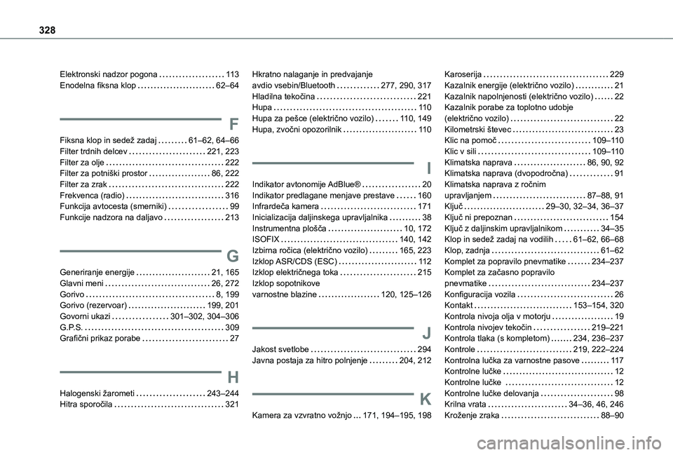 TOYOTA PROACE 2021  Navodila Za Uporabo (in Slovenian) 328
Elektronski nadzor pogona   11 3Enodelna fiksna klop   62–64
F
Fiksna klop in sedež zadaj   61–62, 64–66Filter trdnih delcev   221, 223Filter za olje   222Filter za potniški prostor   86, 