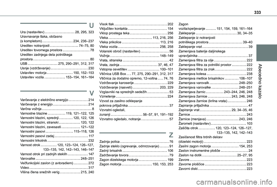 TOYOTA PROACE 2021  Navodila Za Uporabo (in Slovenian) 333
Abecedno kazalo
U
Ura (nastavitev)   28, 295, 323Uravnavanje tlaka, občasno  (s kompletom)   234, 236–237Ureditev notranjosti   74–75, 80Ureditev tovornega prostora   78Ureditev zadnjega dela