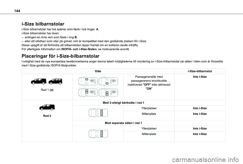 TOYOTA PROACE 2021  Bruksanvisningar (in Swedish) 144
i-Size bilbarnstolar
i-Size bilbarnstolar har två spärrar som fästs i två ringar. A.i-Size bilbarnstolar har även:– antingen en övre rem som fästs i ring B,– eller ett stödben som vila