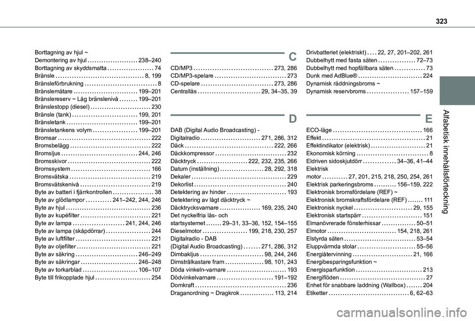 TOYOTA PROACE 2021  Bruksanvisningar (in Swedish) 323
Alfabetisk innehållsförteckning
Borttagning av hjul ~  Demontering av hjul   238–240Borttagning av skyddsmatta   74Bränsle   8, 199Bränsleförbrukning   8Bränslemätare   199–201Bränsler