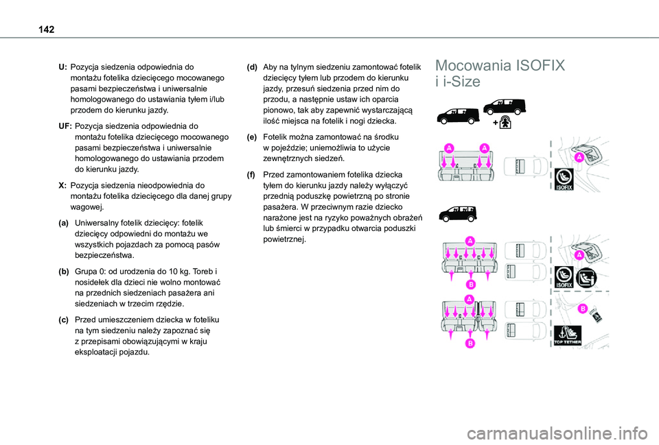 TOYOTA PROACE 2021 Instrukcja obsługi (in Polish) 142
U:Pozycja siedzenia odpowiednia do montażu fotelika dziecięcego mocowanego pasami bezpieczeństwa i uniwersalnie homologowanego do ustawiania tyłem i/lub przodem do kierunku jazdy.
UF:Pozycja s TOYOTA PROACE 2021 Instrukcja obsługi (in Polish) 142
U:Pozycja siedzenia odpowiednia do montażu fotelika dziecięcego mocowanego pasami bezpieczeństwa i uniwersalnie homologowanego do ustawiania tyłem i/lub przodem do kierunku jazdy.
UF:Pozycja s