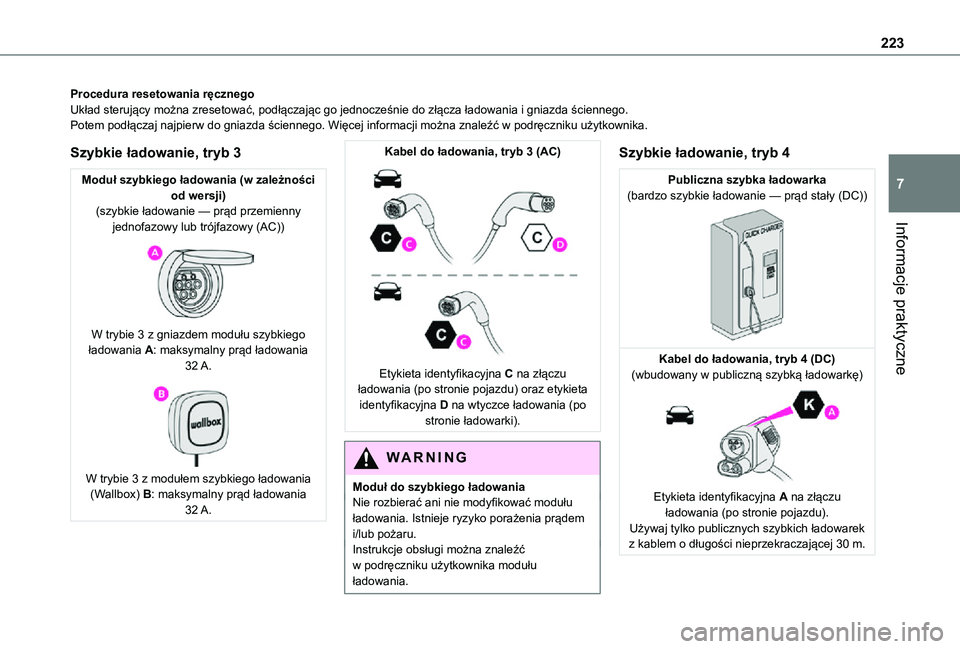 TOYOTA PROACE 2021 Instrukcja obsługi (in Polish) 223
Informacje praktyczne
7
Procedura resetowania ręcznegoUkład sterujący można zresetować, podłączając go jednocześnie do złącza ładowania i gniazda ściennego.Potem podłączaj najpierw TOYOTA PROACE 2021 Instrukcja obsługi (in Polish) 223
Informacje praktyczne
7
Procedura resetowania ręcznegoUkład sterujący można zresetować, podłączając go jednocześnie do złącza ładowania i gniazda ściennego.Potem podłączaj najpierw