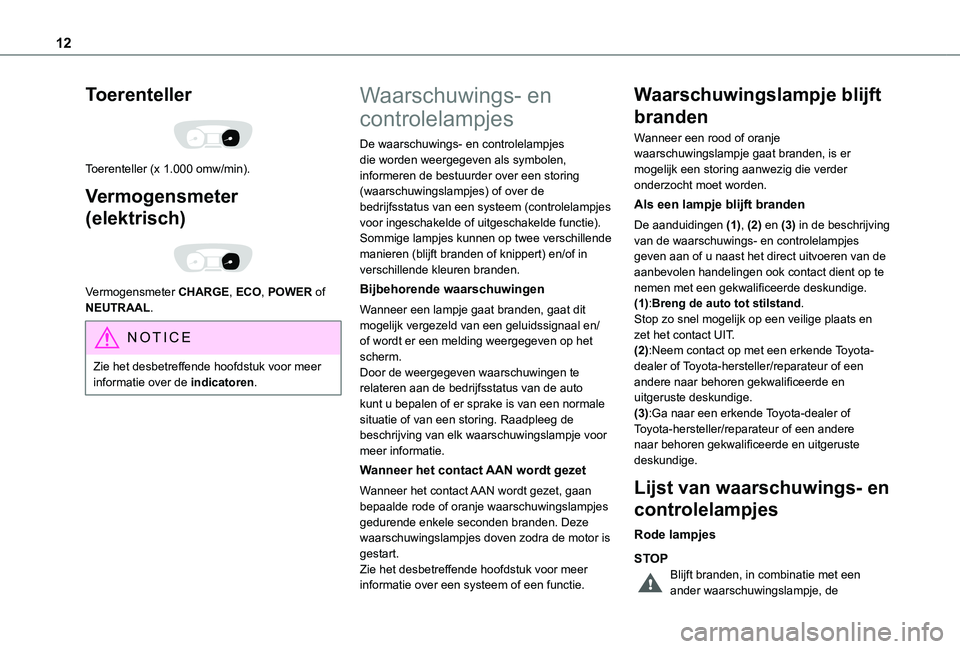 TOYOTA PROACE 2021 Instructieboekje (in Dutch) 12
Toerenteller
Toerenteller (x 1.000 omw/min).
Vermogensmeter
(elektrisch)
Vermogensmeter CHARGE, ECO, POWER of NEUTRAAL.
NOTIC E
Zie het desbetreffende hoofdstuk voor meer informatie over de TOYOTA PROACE 2021 Instructieboekje (in Dutch) 12
Toerenteller
Toerenteller (x 1.000 omw/min).
Vermogensmeter
(elektrisch)
Vermogensmeter CHARGE, ECO, POWER of NEUTRAAL.
NOTIC E
Zie het desbetreffende hoofdstuk voor meer informatie over de