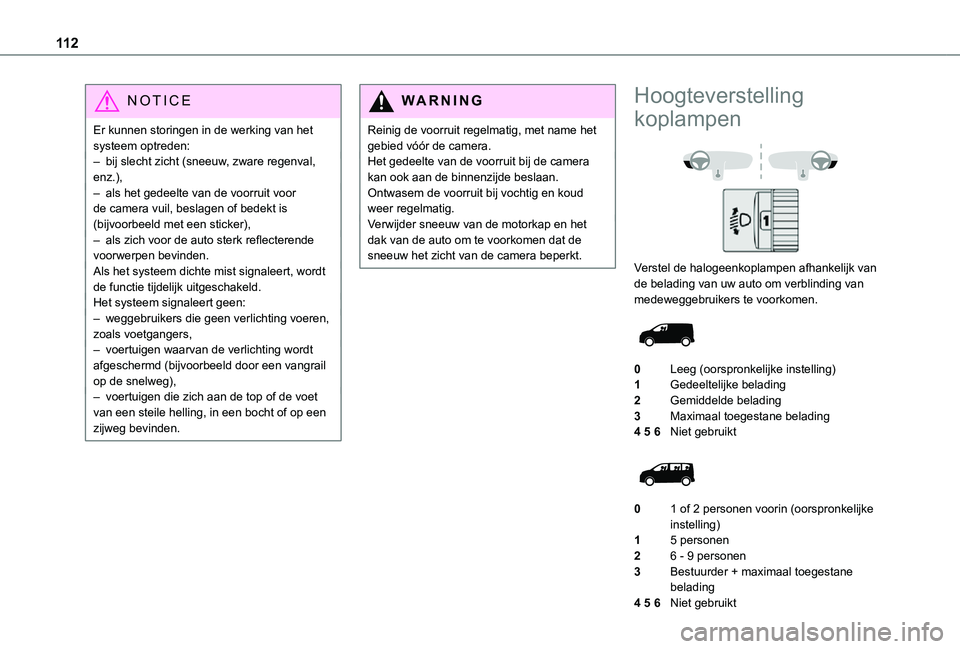 TOYOTA PROACE 2021 Instructieboekje (in Dutch) 11 2
NOTIC E
Er kunnen storingen in de werking van het systeem optreden:– bij slecht zicht (sneeuw, zware regenval, enz.),– als het gedeelte van de voorruit voor de camera vuil, beslagen of bedekt TOYOTA PROACE 2021 Instructieboekje (in Dutch) 11 2
NOTIC E
Er kunnen storingen in de werking van het systeem optreden:– bij slecht zicht (sneeuw, zware regenval, enz.),– als het gedeelte van de voorruit voor de camera vuil, beslagen of bedekt