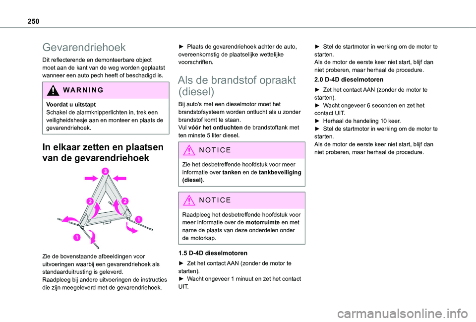 TOYOTA PROACE 2021 Instructieboekje (in Dutch) 250
Gevarendriehoek
Dit reflecterende en demonteerbare object moet aan de kant van de weg worden geplaatst wanneer een auto pech heeft of beschadigd is.
WARNI NG
Voordat u uitstaptSchakel de alarmknip TOYOTA PROACE 2021 Instructieboekje (in Dutch) 250
Gevarendriehoek
Dit reflecterende en demonteerbare object moet aan de kant van de weg worden geplaatst wanneer een auto pech heeft of beschadigd is.
WARNI NG
Voordat u uitstaptSchakel de alarmknip