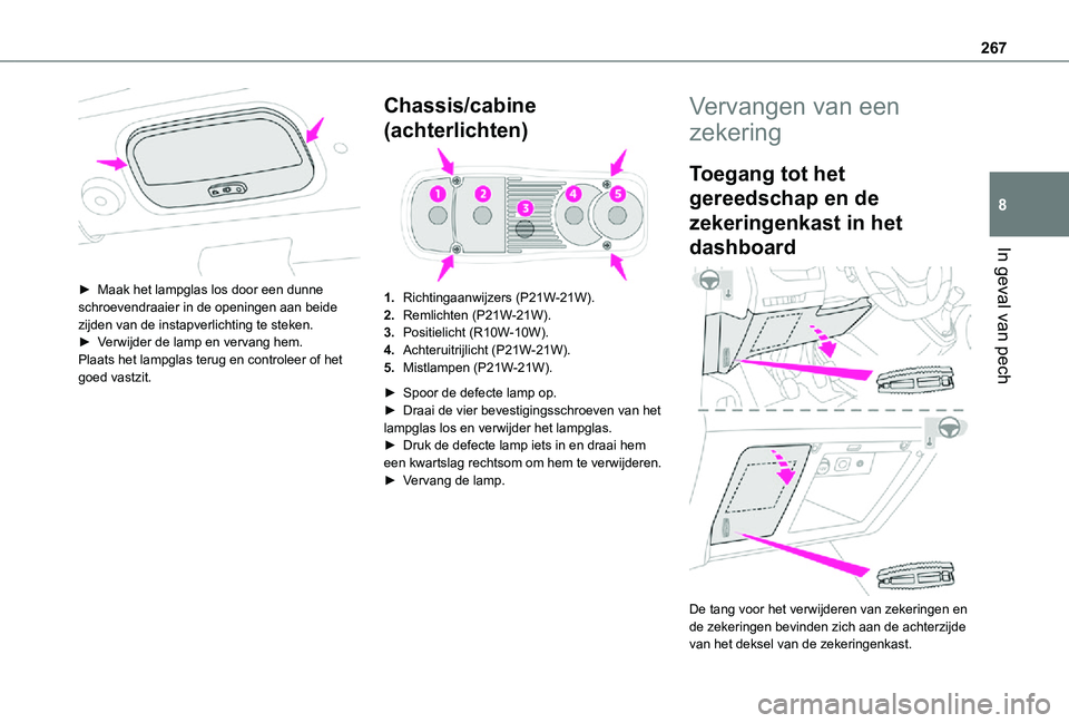 TOYOTA PROACE 2021  Instructieboekje (in Dutch) 267
In geval van pech
8
 
► Maak het lampglas los door een dunne schroevendraaier in de openingen aan beide zijden van de instapverlichting te steken.► Verwijder de lamp en vervang hem.Plaats het 