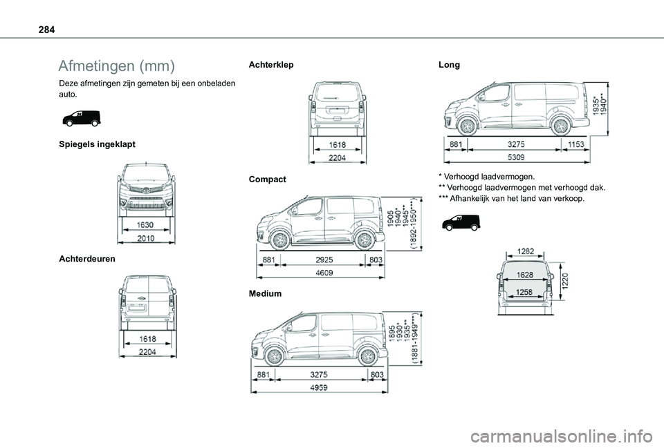 TOYOTA PROACE 2021  Instructieboekje (in Dutch) 284
Afmetingen (mm)
Deze afmetingen zijn gemeten bij een onbeladen auto. 
 
Spiegels ingeklapt 
 
Achterdeuren 
 
Achterklep 
 
Compact 
 
Medium 
 
Long 
 
* Verhoogd laadvermogen.** Verhoogd laadver