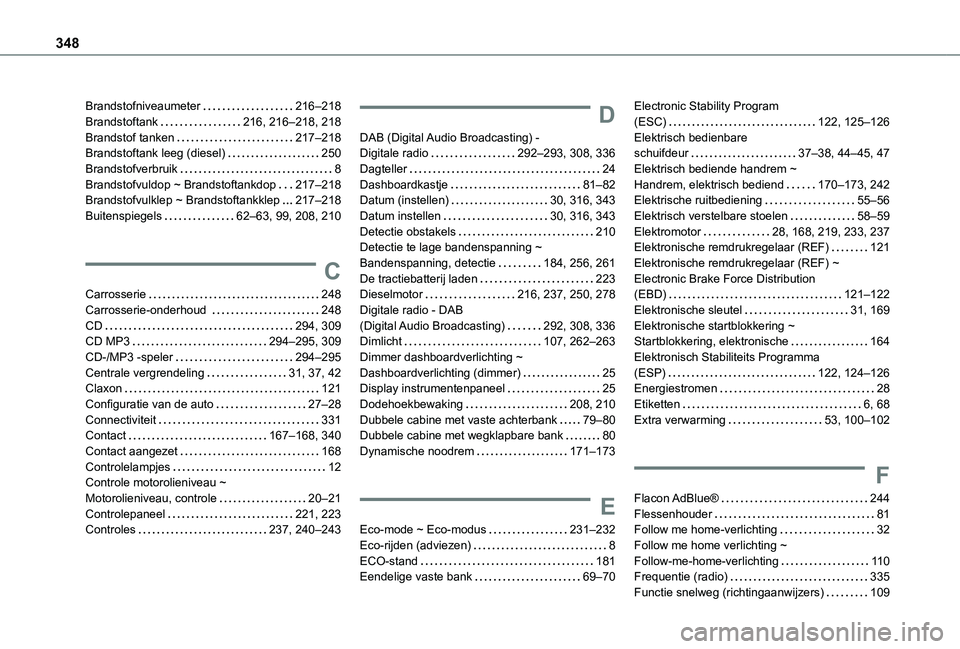 TOYOTA PROACE 2021 Instructieboekje (in Dutch) 348
Brandstofniveaumeter 216–218Brandstoftank 216, 216–218, 218Brandstof tanken 217–218Brandstoftank leeg (diesel) 250Brandstofverbruik 8Brandstofvuldop ~ Brandstoftankdop 217–218B TOYOTA PROACE 2021 Instructieboekje (in Dutch) 348
Brandstofniveaumeter 216–218Brandstoftank 216, 216–218, 218Brandstof tanken 217–218Brandstoftank leeg (diesel) 250Brandstofverbruik 8Brandstofvuldop ~ Brandstoftankdop 217–218B
