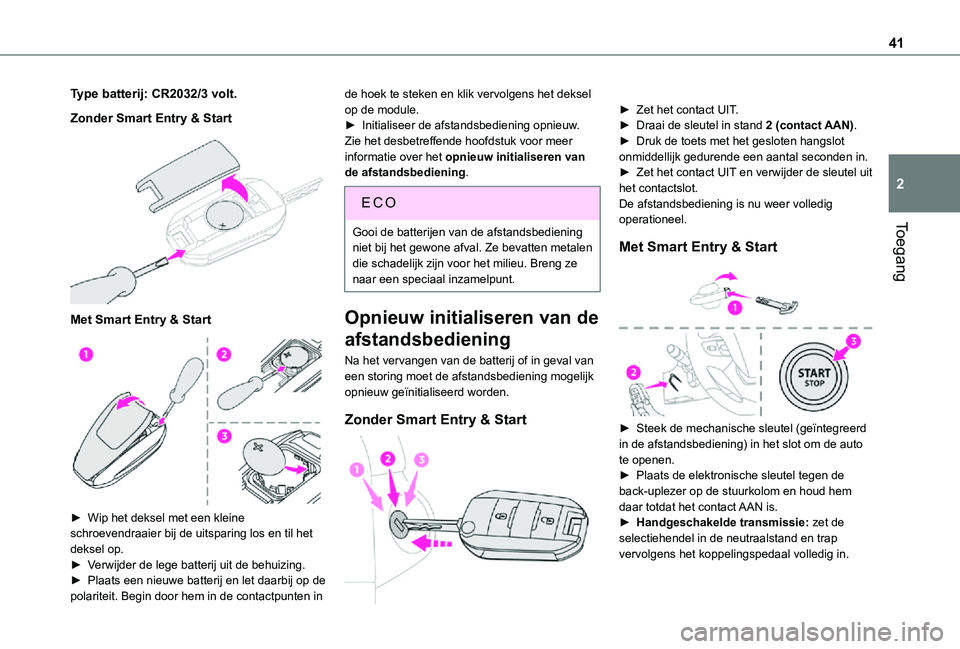 TOYOTA PROACE 2021  Instructieboekje (in Dutch) 41
Toegang
2
Type batterij: CR2032/3 volt.
Zonder Smart Entry & Start 
 
Met Smart Entry & Start 
 
► Wip het deksel met een kleine schroevendraaier bij de uitsparing los en til het 
deksel op.► V