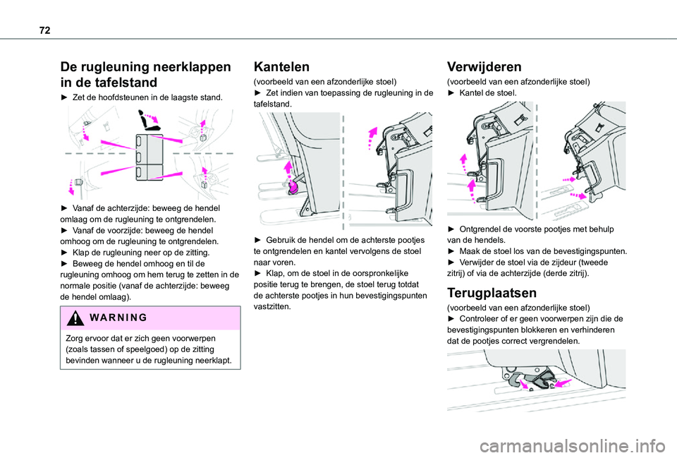 TOYOTA PROACE 2021 Instructieboekje (in Dutch) 72
De rugleuning neerklappen
in de tafelstand
► Zet de hoofdsteunen in de laagste stand.
► Vanaf de achterzijde: beweeg de hendel omlaag om de rugleuning te ontgrendelen.► Vanaf de voorzijde TOYOTA PROACE 2021 Instructieboekje (in Dutch) 72
De rugleuning neerklappen
in de tafelstand
► Zet de hoofdsteunen in de laagste stand.
► Vanaf de achterzijde: beweeg de hendel omlaag om de rugleuning te ontgrendelen.► Vanaf de voorzijde