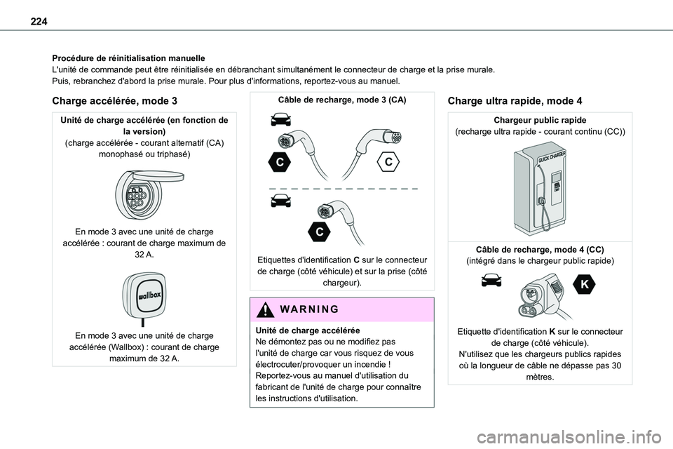 TOYOTA PROACE 2022  Notices Demploi (in French) 224
Procédure de réinitialisation manuelleL'unité de commande peut être réinitialisée en débranchan\
t simultanément le connecteur de charge et la prise murale.Puis, rebranchez d'abord