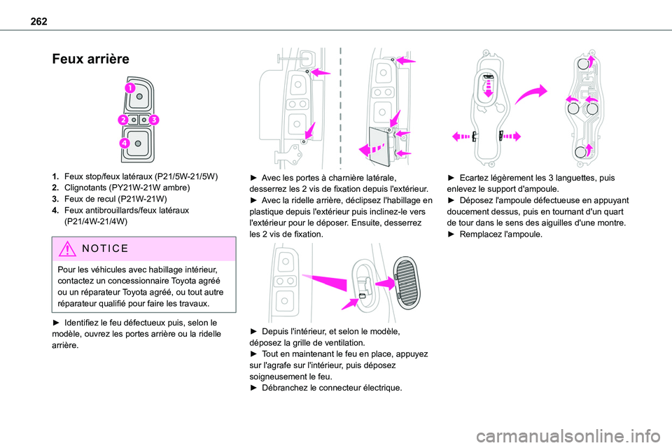 TOYOTA PROACE 2022  Notices Demploi (in French) 262
Feux arrière 
 
1.Feux stop/feux latéraux (P21/5W-21/5W)
2.Clignotants (PY21W-21W ambre)
3.Feux de recul (P21W-21W)
4.Feux antibrouillards/feux latéraux (P21/4W-21/4W)
NOTIC E
Pour les véhicul