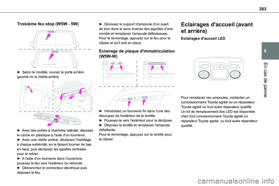 TOYOTA PROACE 2022  Notices Demploi (in French) 263
En cas de panne
8
Troisième feu stop (W5W - 5W) 
 
► Selon le modèle, ouvrez la porte arrière gauche ou la ridelle arrière. 
 
► Avec des portes à charnière latérale, déposez le cache 