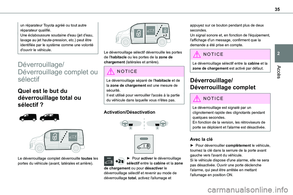 TOYOTA PROACE 2022  Notices Demploi (in French) 35
Accès
2
un réparateur Toyota agréé ou tout autre réparateur qualifié.Une éclaboussure soudaine d'eau (jet d'eau, lavage au jet haute-pression, etc.) peut être identifiée par le sys
