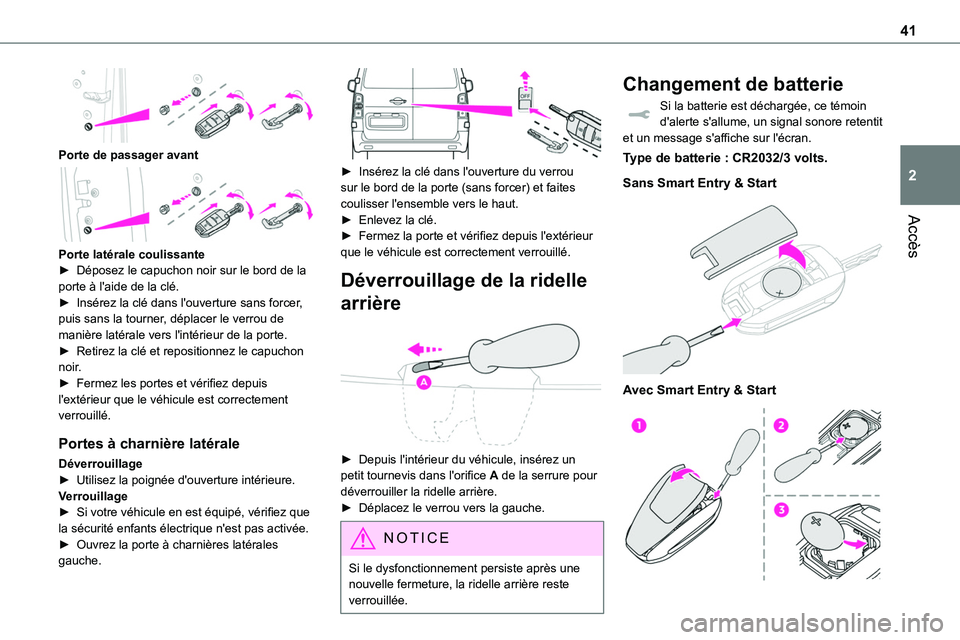 TOYOTA PROACE 2022  Notices Demploi (in French) 41
Accès
2
 
Porte de passager avant 
 
Porte latérale coulissante► Déposez le capuchon noir sur le bord de la porte à l'aide de la clé.► Insérez la clé dans l'ouverture sans forcer