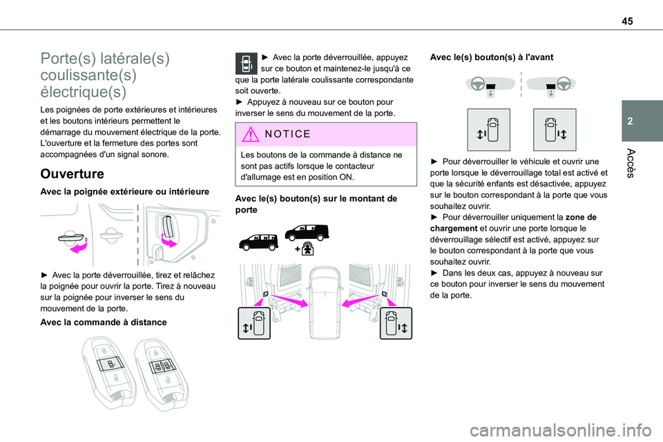 TOYOTA PROACE 2022  Notices Demploi (in French) 45
Accès
2
Porte(s) latérale(s) 
coulissante(s) 
électrique(s)
Les poignées de porte extérieures et intérieures et les boutons intérieurs permettent le démarrage du mouvement électrique de la
