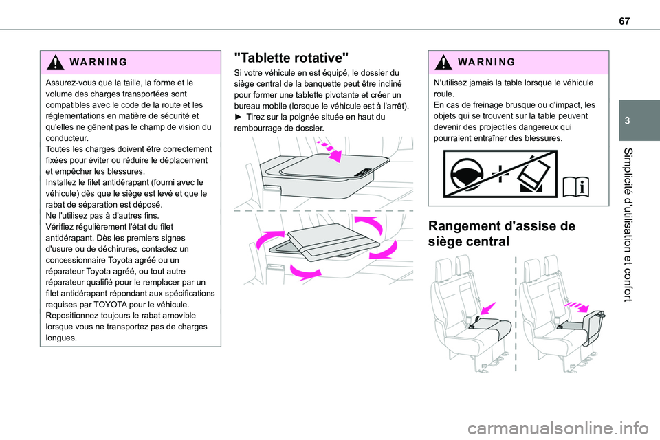 TOYOTA PROACE 2022  Notices Demploi (in French) 67
Simplicité d'utilisation et confort
3
WARNI NG
Assurez-vous que la taille, la forme et le volume des charges transportées sont compatibles avec le code de la route et les réglementations en 