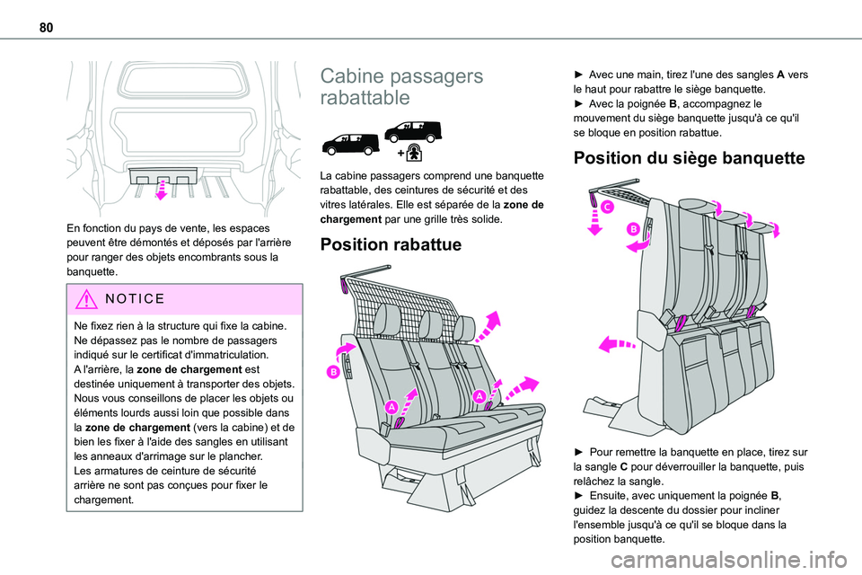 TOYOTA PROACE 2022  Notices Demploi (in French) 80
 
En fonction du pays de vente, les espaces peuvent être démontés et déposés par l'arrière pour ranger des objets encombrants sous la banquette.
NOTIC E
Ne fixez rien à la structure qui 