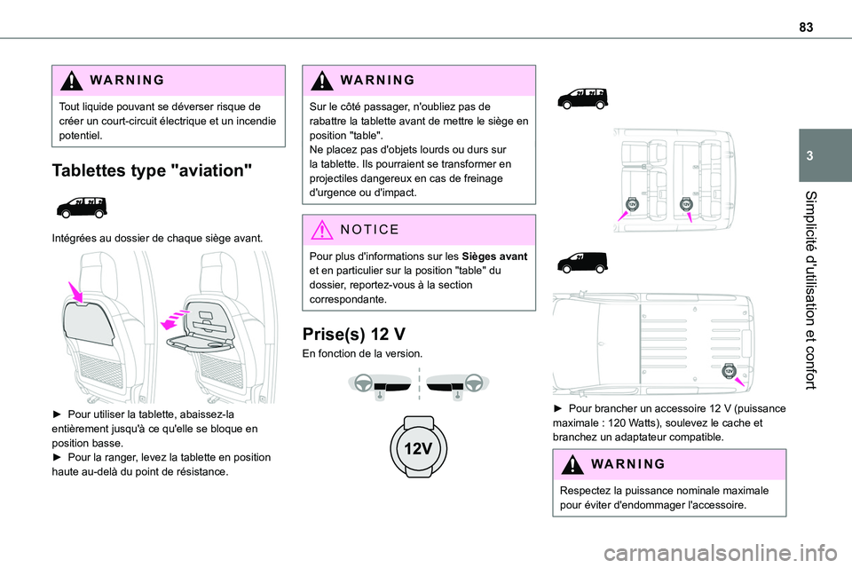 TOYOTA PROACE 2022  Notices Demploi (in French) 83
Simplicité d'utilisation et confort
3
WARNI NG
Tout liquide pouvant se déverser risque de créer un court-circuit électrique et un incendie potentiel.
Tablettes type "aviation" 
 
In