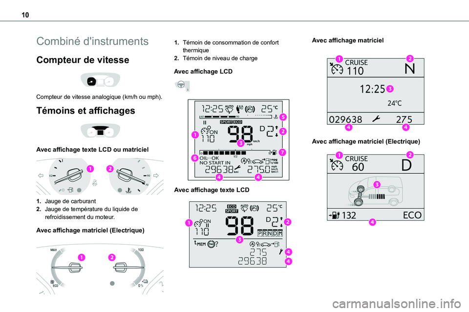 TOYOTA PROACE 2022  Notices Demploi (in French) 10
Combiné d'instruments
Compteur de vitesse 
 
Compteur de vitesse analogique (km/h ou mph).
Témoins et affichages 
 
Avec affichage texte LCD ou matriciel 
 
1.Jauge de carburant
2.Jauge de te