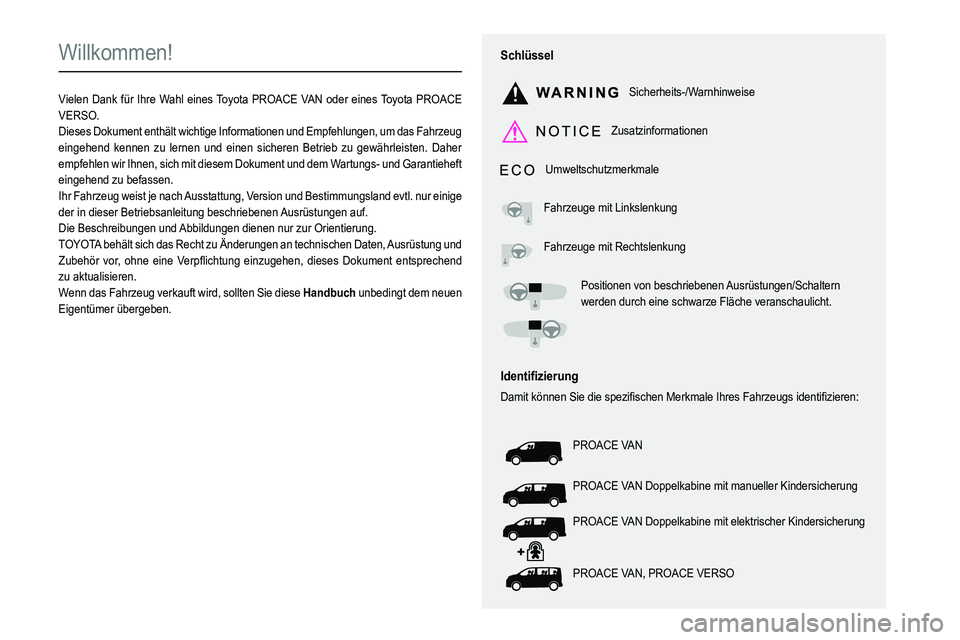 TOYOTA PROACE 2022  Betriebsanleitungen (in German)  
  
 
  
 
  
  
  
  
   
   
 
  
   
   
   
Willkommen!
Vielen Dank für Ihre Wahl eines Toyota PROACE VAN oder eines Toyota PROACE VERSO.Dieses Dokument enthält wichtige Informationen und Empfe