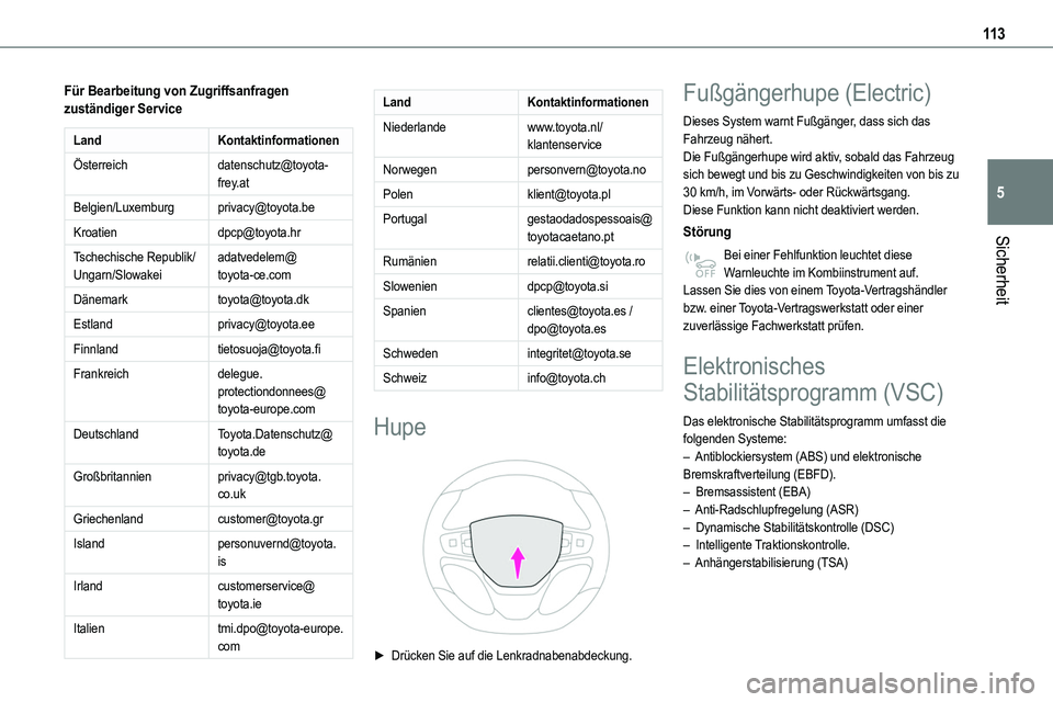 TOYOTA PROACE 2022  Betriebsanleitungen (in German) 11 3
Sicherheit
5
Für Bearbeitung von Zugriffsanfragen zuständiger Service
LandKontaktinformationen
Österreichdatenschutz@toyota-frey.at
Belgien/Luxemburgprivacy@toyota.be
Kroatiendpcp@toyota.hr
Ts