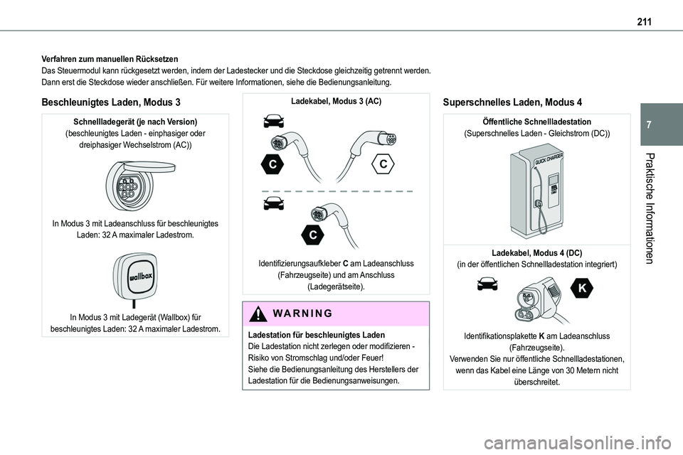 TOYOTA PROACE 2022  Betriebsanleitungen (in German) 2 11
Praktische Informationen
7
Verfahren zum manuellen RücksetzenDas Steuermodul kann rückgesetzt werden, indem der Ladestecker und di\
e Steckdose gleichzeitig getrennt werden.Dann erst die Steckd