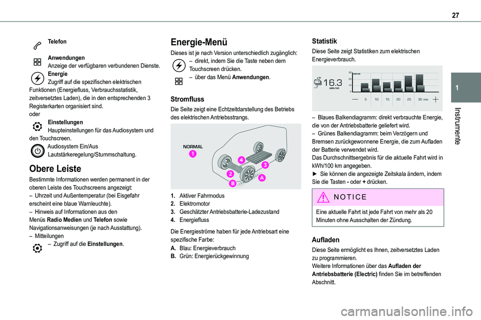 TOYOTA PROACE 2022  Betriebsanleitungen (in German) 27
Instrumente
1
Telefon 
AnwendungenAnzeige der verfügbaren verbundenen Dienste.EnergieZugriff auf die spezifischen elektrischen Funktionen (Energiefluss, Verbrauchsstatistik, zeitversetztes Laden),