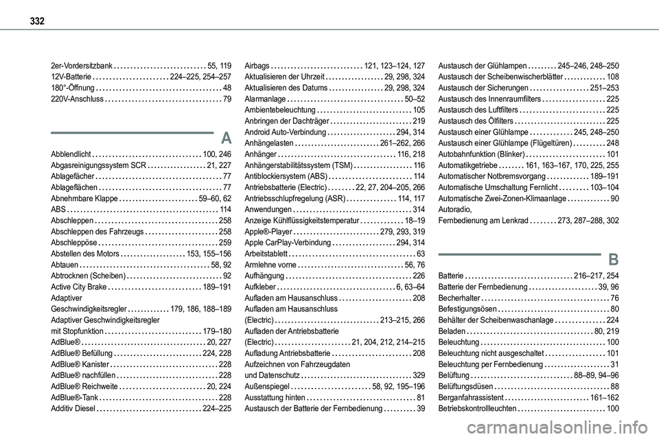 TOYOTA PROACE 2022  Betriebsanleitungen (in German) 332
2er-Vordersitzbank   55, 11 912V-Batterie   224–225, 254–257180°-Öffnung   48220V-Anschluss   79
A
Abblendlicht   100, 246Abgasreinigungssystem SCR   21, 227Ablagefächer   77Ablageflächen 