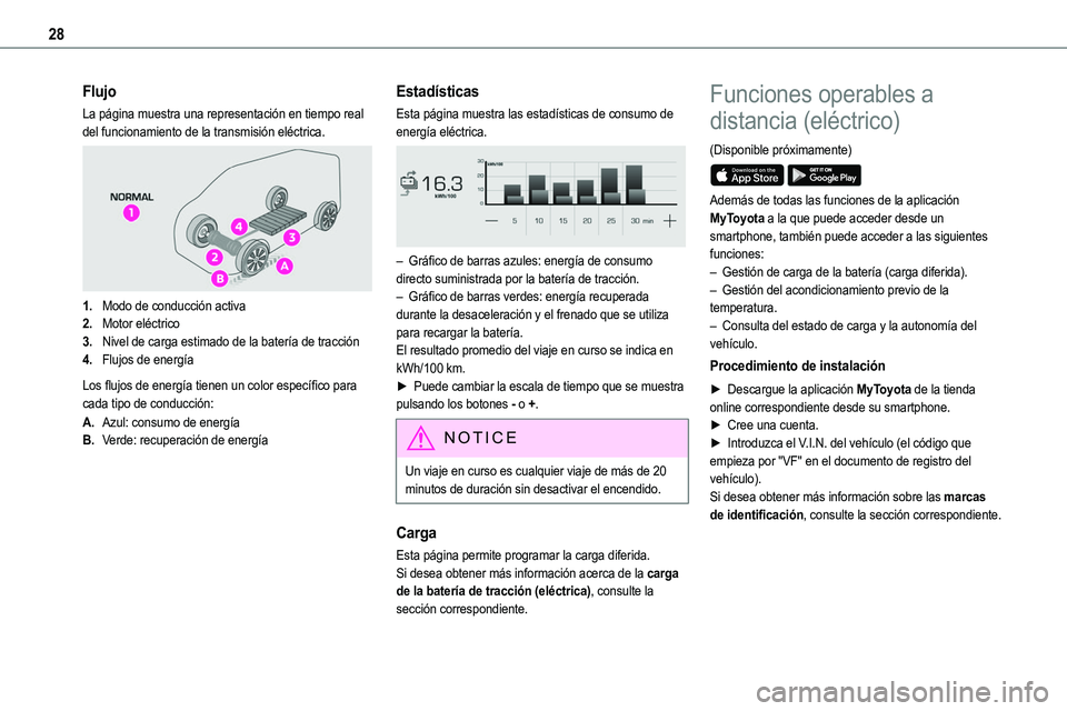 TOYOTA PROACE 2022  Manuale de Empleo (in Spanish) 28
Flujo
La página muestra una representación en tiempo real del funcionamiento de la transmisión eléctrica. 
 
1.Modo de conducción activa
2.Motor eléctrico
3.Nivel de carga estimado de la bate