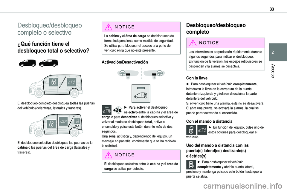 TOYOTA PROACE 2022  Manuale de Empleo (in Spanish) 33
Acceso
2
Desbloqueo/desbloqueo 
completo o selectivo
¿Qué función tiene el 
desbloqueo total o selectivo? 
  
 
El desbloqueo completo desbloquea todas las puertas del vehículo (delanteras, lat