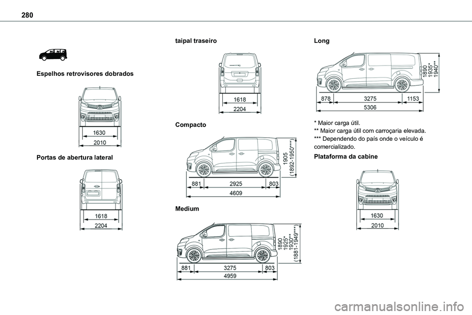 TOYOTA PROACE 2022  Manual de utilização (in Portuguese) 280
 
 
Espelhos retrovisores dobrados 
 
Portas de abertura lateral 
 
taipal traseiro 
 
Compacto 
 
Medium 
 
Long 
 
* Maior carga útil.** Maior carga útil com carroçaria elevada.*** Dependendo