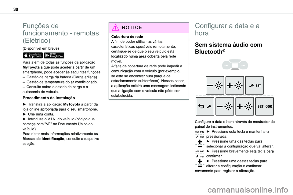 TOYOTA PROACE 2022  Manual de utilização (in Portuguese) 30
Funções de 
funcionamento - remotas 
(Elétrico)
(Disponível em breve) 
 
Para além de todas as funções da aplicação MyToyota a que pode aceder a partir de um smartphone, pode aceder às se
