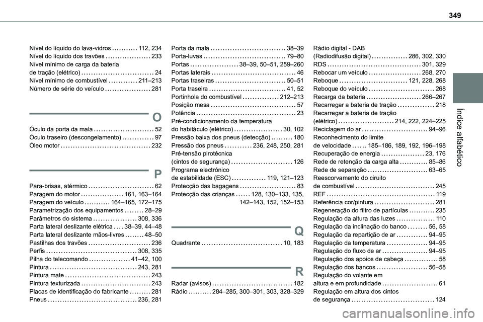 TOYOTA PROACE 2022 Manual de utilização (in Portuguese) 349
Índice alfabético
Nível do líquido do lava-vidros 11 2, 234Nível do líquido dos travões 233Nível mínimo de carga da bateria de tração (elétrico) 24Nível mínimo de combustível TOYOTA PROACE 2022 Manual de utilização (in Portuguese) 349
Índice alfabético
Nível do líquido do lava-vidros 11 2, 234Nível do líquido dos travões 233Nível mínimo de carga da bateria de tração (elétrico) 24Nível mínimo de combustível