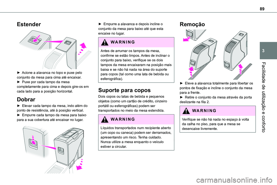 TOYOTA PROACE 2022  Manual de utilização (in Portuguese) 89
Facilidade de utilização e conforto
3
Estender 
 
► Acione a alavanca no topo e puxe pelo conjunto da mesa para cima até encaixar.►  Puxe por cada tampo da mesa completamente para cima e dep