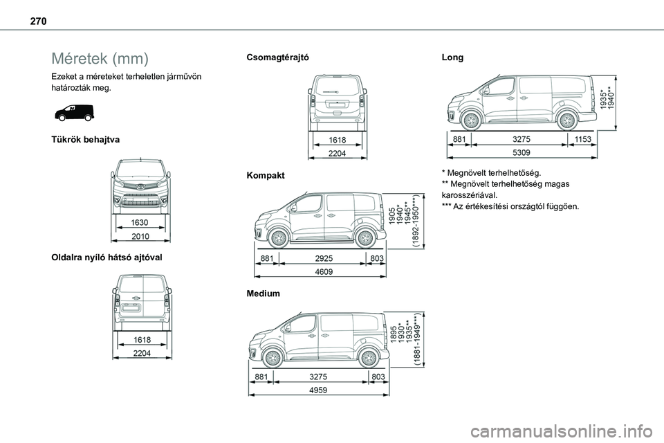 TOYOTA PROACE 2022  Kezelési útmutató (in Hungarian) 270
Méretek (mm)
Ezeket a méreteket terheletlen járművön határozták meg. 
 
Tükrök behajtva 
 
Oldalra nyíló hátsó ajtóval 
 
Csomagtérajtó 
 
Kompakt 
 
Medium 
 
Long 
 
* Megnövelt