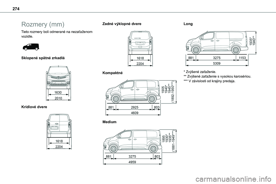 TOYOTA PROACE 2022  Návod na použitie (in Slovakian) 274
Rozmery (mm)
Tieto rozmery boli odmerané na nezaťaženom vozidle. 
 
Sklopené spätné zrkadlá 
 
Krídlové dvere 
 
Zadné výklopné dvere 
 
Kompaktné 
 
Medium 
 
Long 
 
* Zvýšené za