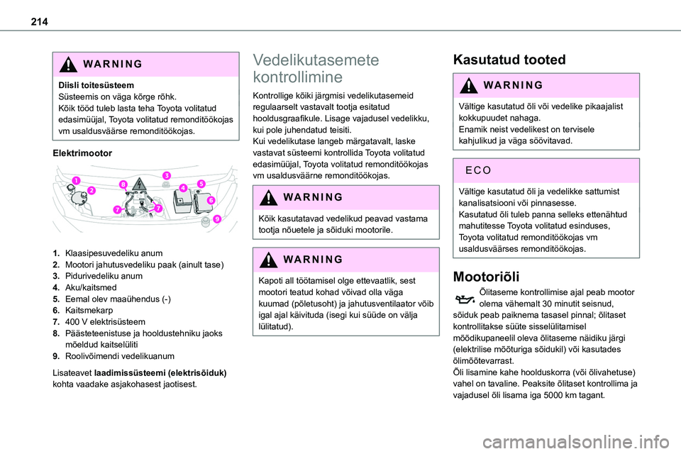 TOYOTA PROACE 2022 Kasutusjuhend (in Estonian) 214
WARNI NG
Diisli toitesüsteemSüsteemis on väga kõrge rõhk.Kõik tööd tuleb lasta teha Toyota volitatud edasimüüjal, Toyota volitatud remonditöökojas vm usaldusväärse remonditöökojas. TOYOTA PROACE 2022 Kasutusjuhend (in Estonian) 214
WARNI NG
Diisli toitesüsteemSüsteemis on väga kõrge rõhk.Kõik tööd tuleb lasta teha Toyota volitatud edasimüüjal, Toyota volitatud remonditöökojas vm usaldusväärse remonditöökojas.