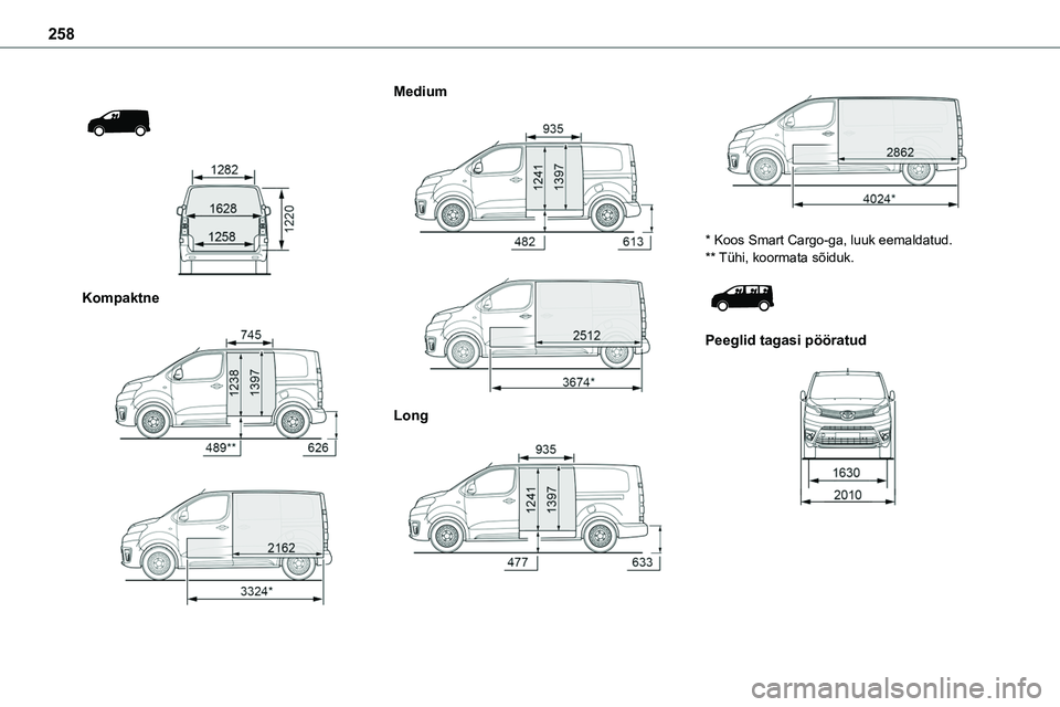 TOYOTA PROACE 2022  Kasutusjuhend (in Estonian) 258
 
  
 
Kompaktne 
  
 
Medium 
  
 
Long 
  
 
* Koos Smart Cargo-ga, luuk eemaldatud.** Tühi, koormata sõiduk. 
 
Peeglid tagasi pööratud 
   