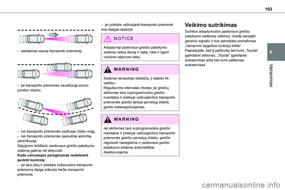 TOYOTA PROACE 2022  Eksploatavimo vadovas (in Lithuanian) 193
Vairavimas
6
 
– sekdamas siaurą transporto priemonę; 
 
– jei transporto priemonės nevažiuoja eismo juostos viduriu; 
 
– kai transporto priemonės įvažiuoja į kelio vingį;– kai t