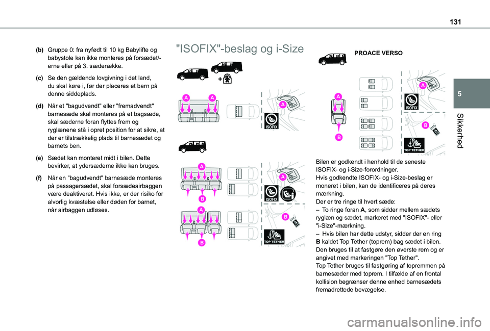 TOYOTA PROACE 2022 Brugsanvisning (in Danish) 131
Sikkerhed
5
(b)Gruppe 0: fra nyfødt til 10 kg Babylifte og babystole kan ikke monteres på forsædet/-erne eller på 3. sæderække.
(c)Se den gældende lovgivning i det land, du skal køre i, f TOYOTA PROACE 2022 Brugsanvisning (in Danish) 131
Sikkerhed
5
(b)Gruppe 0: fra nyfødt til 10 kg Babylifte og babystole kan ikke monteres på forsædet/-erne eller på 3. sæderække.
(c)Se den gældende lovgivning i det land, du skal køre i, f