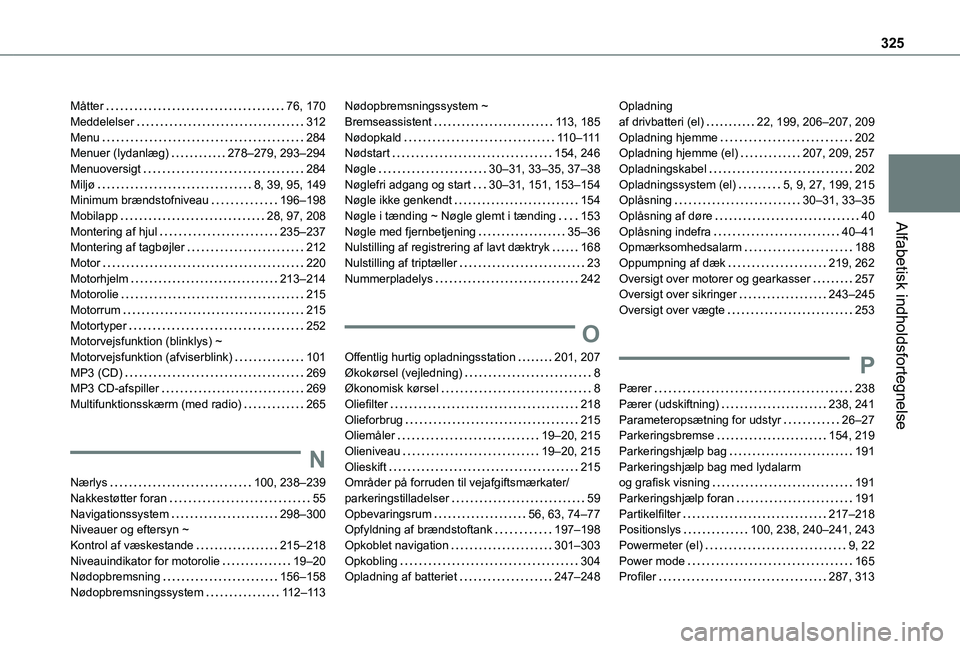 TOYOTA PROACE 2022  Brugsanvisning (in Danish) 325
Alfabetisk indholdsfortegnelse
Måtter   76, 170Meddelelser   312Menu   284Menuer (lydanlæg)   278–279, 293–294Menuoversigt   284Miljø   8, 39, 95, 149Minimum brændstofniveau   196–198Mob