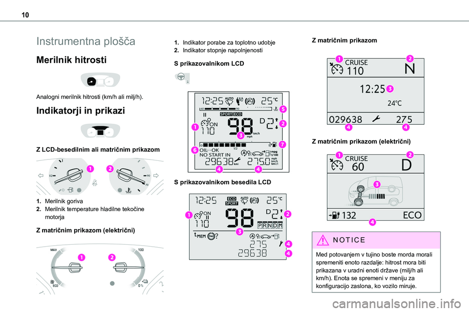 TOYOTA PROACE 2022  Navodila Za Uporabo (in Slovenian) 10
Instrumentna plošča
Merilnik hitrosti 
 
Analogni merilnik hitrosti (km/h ali milj/h).
Indikatorji in prikazi 
 
Z LCD-besedilnim ali matričnim prikazom 
 
1.Merilnik goriva
2.Merilnik temperatu